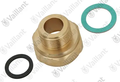 Vaillant-Reduziernippel aus Messing mit zwei Dichtungen, einer schwarzen und einer grünen. Der Nippel hat ein gewinde und ist für Anschlussanwendungen konzipiert.